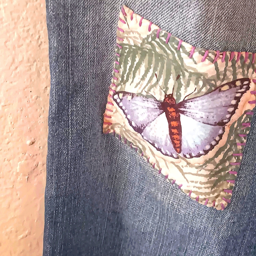 Hand Embroidered Hippie Low Rise Jeans 16 18 Unique Artsy Festival Funky - Picture 9 of 15